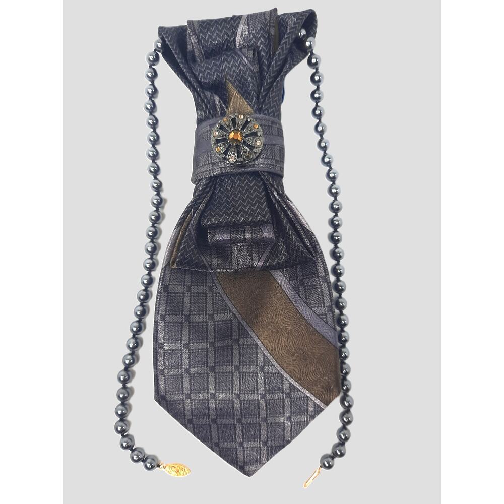 Vintage Black Bronze Tie Pendant Towncraft Gray Hematite Beaded Necklace NEW - Picture 5 of 11